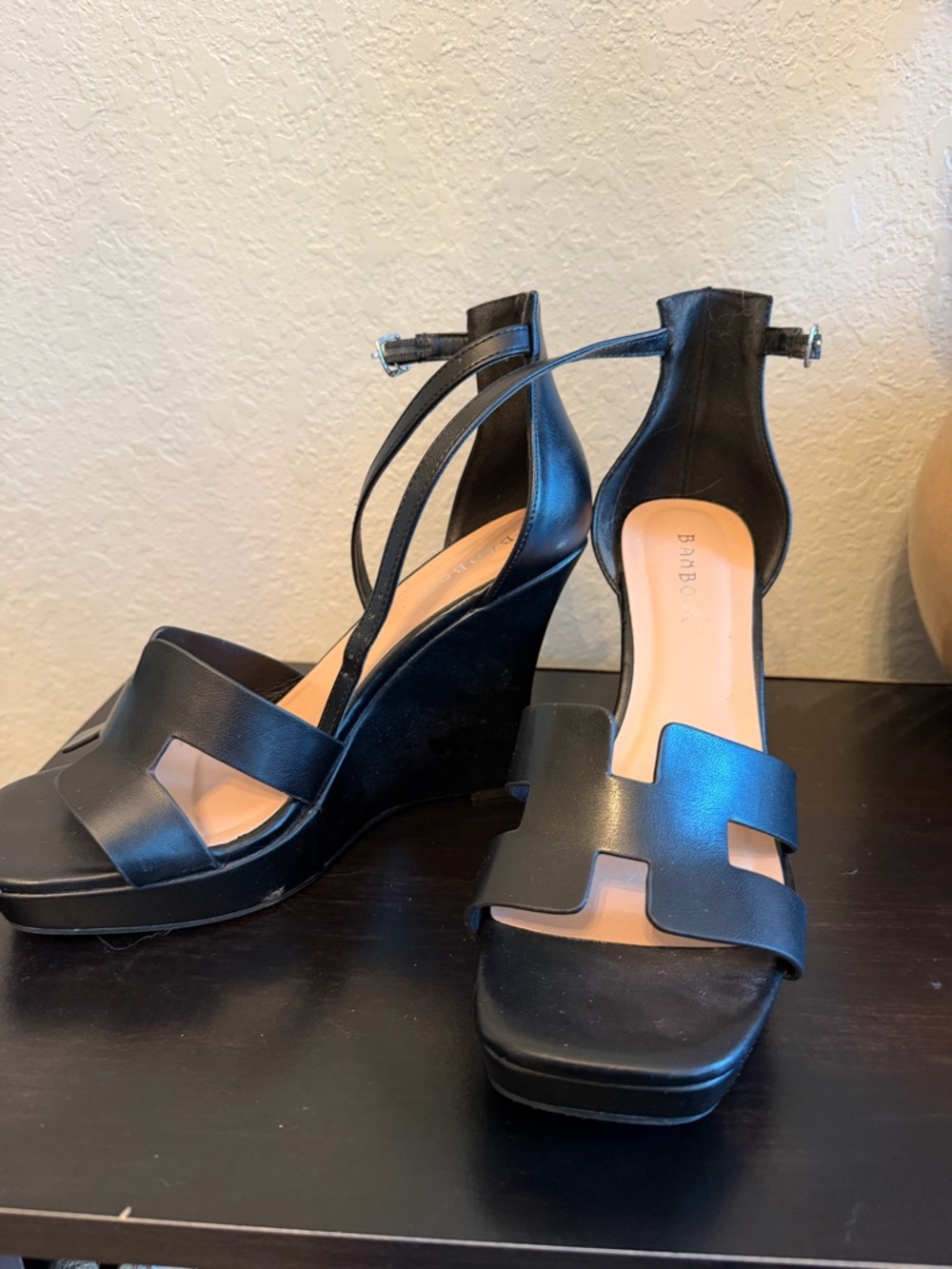 BAMBOO Black Strappy Platform Wedge Sandals